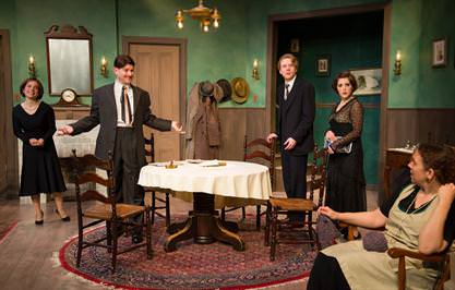 Erin E. McGuff (Amy), David Gram (Aubrey), Piper; Evan Crump (Joe), Jenna Berk (Clara), and Lee Mikeska Gardner (Mrs. Fisher). Photo by Johannes Markus.