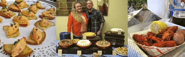Pimento cheese toasts from David Guas of Bayou Bakery, Coffee Bar & Eatery in Arlington, VA (L)Pastry Chef Tiffany MacIsaac and Chef Kyle Bailey show off her spectacular pies at the Festival 101 event at the Hill Center (C) David Guas’s crawfish boil with the Greg Engert’s new Blue Jacket beer served in a Mason jar (R). Photo by Jordan Wright.