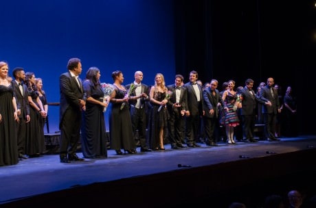 From left to right: 'Cavalleria Rusticana': - Lázaro Calderón (Turridu); Fabiana Bravo (Santuzza); Anamer Castrello (Mama Lucia); Joel Borrelli-Boudreau (conductor); and Sandra Schwarzhaupt (Lola); And 'I Pagliacci': Aaron Halevy (Beppe); Nemeh Azzam (Silvio); Marc Heller (Canio); Sara Beth Pearson (Nedda); Guido LeBrón (Alfio in Cav; Tonio in Pag);and Jay Brock (Stage Director).