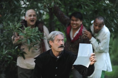 Frank Mancino (Sir Toby-hiding top left in the bushes), Richard Fiske (Malvolio), Yen Nguyen (Sir Andrew), and Eric Porter (Fabian). Photo by Joshua McKerrow.