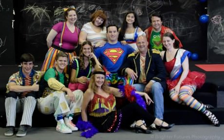 The cast of ‘Godspell’: (Top Row Left to Right): Sandy Rardon, Lori Chapman, Julia Salatti, and John Scheeler. (Bottom Row Left to Right): A.J. Williams, Sean Love, Katie Sacha, Brian Mellen (Jesus), Frank Antonio (John the Baptist), and Christina Shunk. (Bottom Center): Christy Stouffer. Photo by Brighter Futures Photography.