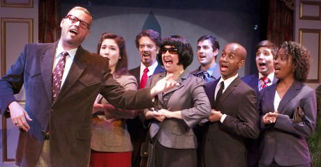 The Press (Tia Wortham) catches a Congressman (Brian Shaw) and a Senator (Ken Derby) at an embarrassing moment. In the background: Sarah Anne Sillers & Samual Keeler. Photo by Angelisa Gillyard.