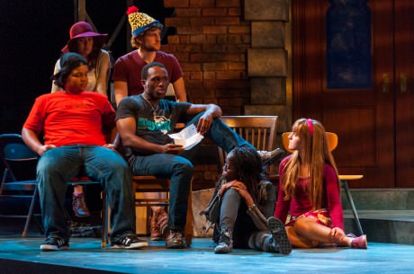 From L to R: (back): Catherine (Noelle Roy) & Llloyd (Noah Israel). Bottom: Donald (Avery Collins), Clorox (Christopher Lane), Lillie Mae (Chioma Dunkley), and Rhoda (Rebecca Mount). They are listening to Clorox's Transformation Monologue. Photo courtesy of The Clarice.