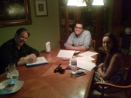 Director Joe Banno rehearses with Ariana Almajan and Marlowe Vilchez.
