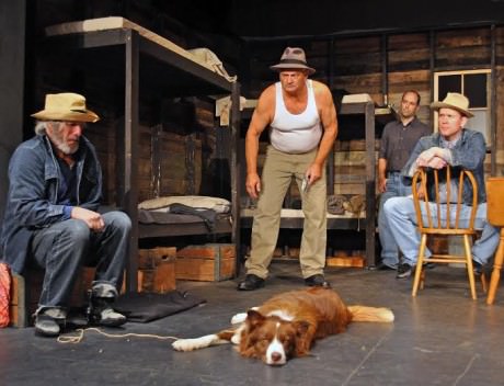 (l to r) David James (Candy), Craig Geoffrion (Carlson), Pagen (dog), Bobby Walsh (Whit), and Ian Wade (Slim). Photo by Chip Hertzog.
