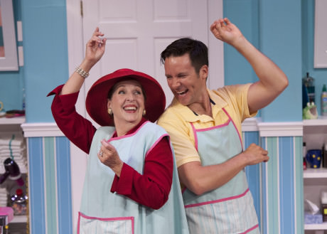 (L-R) Brigid Cleary and Danny Bernardy in 'Shear Madness' at the Kennedy Center. Photo by Margot Schulman 2014.