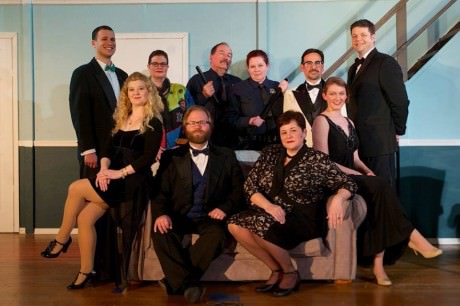 The cast of 'Rumors': Lou Omenapuu, Ashley Gerhardt, Kathy Green Wenerick-Bell, Stephen M. Deininger, Kevin Kelehan, Heidi Vause, Andrea Bush, Lenny Taube, Amanda Polanowski, and Matt Scheer. Photo by Joshua McKerrow Photography.