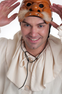 Matthew R. Wilson as Scapino in in 'The Great One Man Commedia dell’Arte.' Mask is by Antonio Fava. Photo by Clinton Brandhagen. in 'The Great One Man Commedia dell’Arte.' Photo by