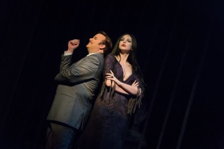 Gomez (Jordan Stocksdale), Morticia (Sarah Summerwell). and Gomez (Jordan Stocksdale) and Lurch (Russell Rinker). Photo by C. King Photography. Photo by