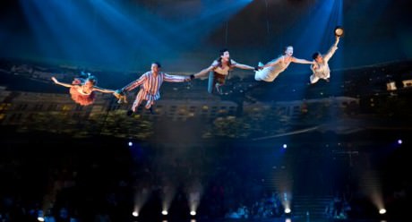 Flight to Neverland Flight (L to R) Tinker Bell (Jessie Sherman), Michael Darling (Scott Weston), Peter Pan (Dan Rosales), Wendy Darling (Sarah Charles), and John Darling (John Alati). Photo by Jeremy Daniel.