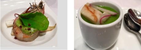 Wild Spot Prawns from the Northwest Coast – Cold Broccoli Soup with Citrus Marinated Scallops from the Northern Woodlands.