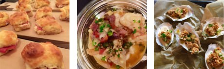 Surreyano ham biscuits with pepper jelly – Byrd Mill grits with cheddar and pearl onion petals – Fried Chesapeake oysters with rhubarb remoulade.