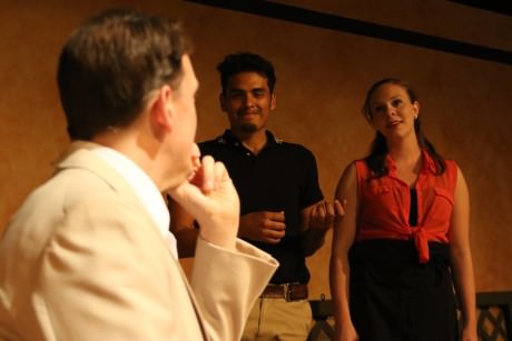 Brian Kraszewski (Michael), Felix Hernandez (David), and Claire Malkie (Server). Photo by Shealyn Jae.