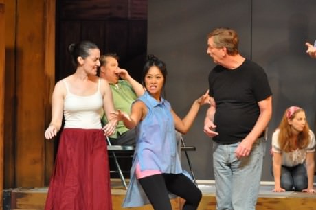 Natalie Fox (Daisy Coates), Tom Flatt (Vernon Volker) (in the back in green), Kat Sanchez (Susannah Huntsmen), Ted Culler (Richfield Hawksley), and Abigail Ropp (Mary Pierre) (on knees). Photo by Matthew Randall, Allrand Photography.