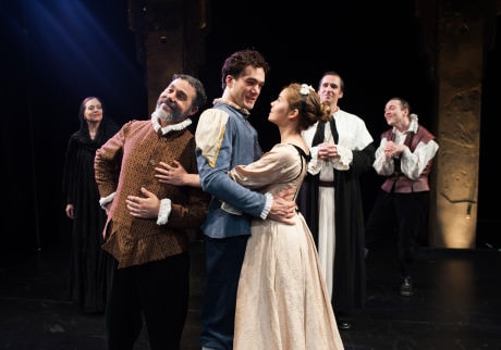 E. Ashley Izard (Sostrata), Gregory Isaac (Nicia), Alan Brincks (Callimaco), Emiley Kiser (Lucrezia), Sean Close (Brother Timothy), Josh Carpenter (Ligurio). Photo by Shawn May.
