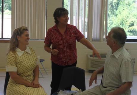 Charlene Stone, Natatlie McManus and Bill Hurlbut in rehearsal. Photo courtesy of Peace Mountain Theatre Company.