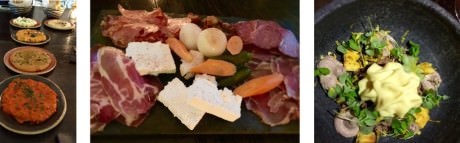 (left-to-right) A selection of Balkan spreads – Charcuterie platter of housemade meats, cheeses and pickled vegetables – Signature dessert – Forest Gnocchi.