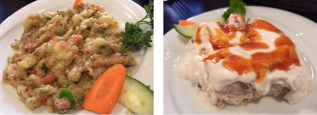 (left-to-right) Havuc Tarama – a spread of carrots, yoghurt and garlic – Kopoglu – sautéed eggplant with yoghurt garlic sauce.