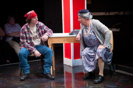 Stanley Bumiller (Adam Abruzzo) and Aunt Pearl (Jim Hart). Photo by Spotlighters Theatre/Chris Aldridge, CMAldridgePhotography .