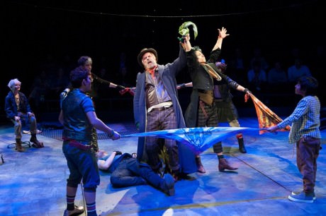 (L-R) Jeff McCarthy (Fagin), Kyle Coffman (Artful Dodger) and the company of Oliver! Photo by Margot Schulman.