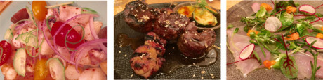 (L to R) Thai seafood ceviche – Slow cooked pork ribs – Grouper ceviche with sea beans.