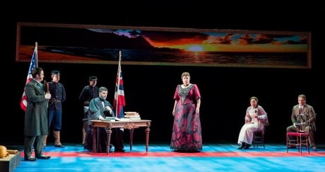 Rexford Tester (Lorrin Thurston), Timothy J. Bruno (Judge Albert Judd), Daryl Freedman (Queen Liliʻuokalani), Ariana Wehr (Kahua), and Hunter Enoch (James Miller). Photo by Scott Suchman.