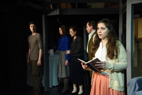L to R: Eli Pendry (Peter), Jenny Donovan (Margot), Alicia Sweeney(Mrs. Frank), Steve Lebens (Mr. Frank), and Mia Goodman (Anne). Photo by Stan Barouh.