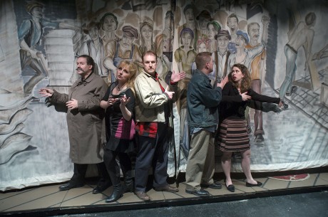 Peter Orvetti (Federal Agent), Hanna Bondarewska (Antonia), Darren Marquardt (Giovanni), Mitch Irzinski (Luigi), and Moriah Whiteman (Margherita). Photo by Valentin Radev.