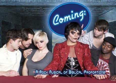 3.The Philadelphia cast of Coming: A Rock Musical of Biblical Proportions; Erik Ransom in red at center. Photo by Ronnie Bullets.