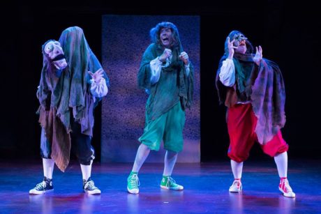 The Reduced Shakespeare Company (l to r: Austin Tichenor, Teddy Spencer, Reed Martin) on stage as the Weird Sisters. Photo by Teresa Wood.