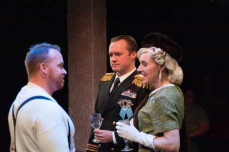 Rob Wall (Che), Becca Vourvoulas (Eva Duarte Peron), and Bart Debicki (Juan Peron). Photo by Chris Aldridge, CMAldridgePhotography.