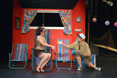 Olivia (Mila Fox-Parola) and Viola playing Cesario (Caroline Burnham). Photo by Larry McClemons.