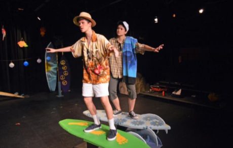 Surfs up for Viola (Caroline Burnham) and Orsino (Kevin Cabral)! Photo by Larry McClemons.