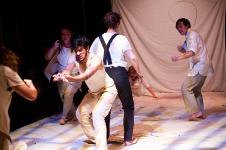 Amanda Jill Robinson, Megan Slater, Joseph Ahmed, Hannah Van Sciver, Elizabeth Audley, and Richard Chan in 'Fifty Days at Iliam.' Photo by Dave Sarrafian.