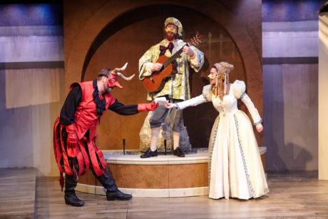 (From left:) Doug Wilder (Royal Messenger/The Devil), Matthew Aldwin McGee (Salvatore Spittitucci/Lelio), and Natalie Cutcher (Rosina Spittitucci/Isadore). Photo by C. Stanley Photography.