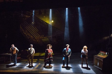 The cast of ‘El Paso Blue’ at GALA Hispanic Theatre: Left to Right: Lawrence Redmond, Andrés Talero, Alina Collins Maldonado, Bob Sheire, and Verónica del Cerro. Photo by Rose Campiglia.