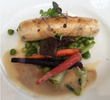 Seafood Boudin Blanc with bouillabaisse reduction.