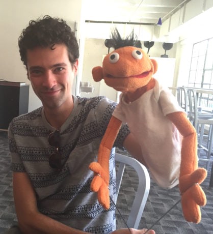 Liam Forde, who plays Jason in Hand to God at Studio Theatre, with his Tyrone rehearsal puppet. Photograph by John Stoltenberg.