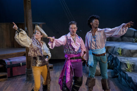 Kimberly Oppelt (Ruth), Jake Blouch (Pirate King), and Garrick Morgan (Frederic). Photo by John Flak.