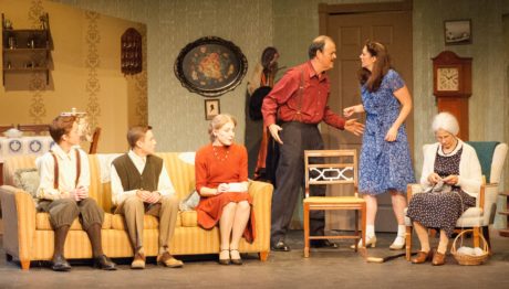 L to R: Andrew Sharpe (Arty), Jeremy Crawford (Jay), Jeanne Louise (Gert), Brian Binney (Louie), Mary Rogers (Bella), and Leah Mazade (Grandma Kurnitz). Photo by Malia Murray.