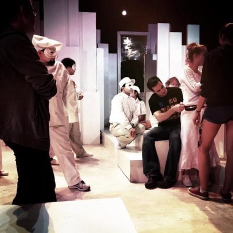 Adjusting blood effects for Faction of Fools' 'Titus.' Photo by Ethan Sinnott.