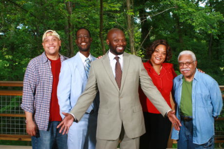 The cast of ‘Radio Golf’: L to R: Mack Leamon (Sterling Johnson); Baakari Wilder (Roosevelt Hicks); DeJeanette Horne (Harmond Wilks); Lolita Marie (Mame Wilks); and John Askew (Elder Joseph Barlow). Photo by Timagnus Traylor.