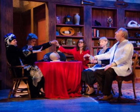 L to R: Eva Seville Coll (O’Karma/Henri), James McDaniel (Rev. Merryweather/Elwood), Danielle Comer (Evelyn/McKenzie), Laura Peterson (Mrs. McKnight/Valerie), and John Henderson (Konrad/Charles). Photo by Doug Olmsted.