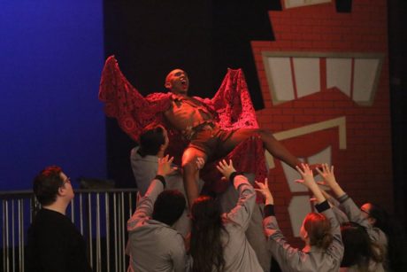 David Singleton (Edgar/Batboy) and the Company of 'Bat Boy: The Musical.' Photo courtesy of Montgomery College.