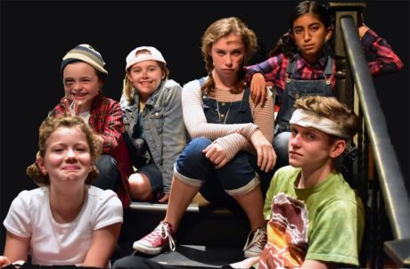 The Worst Kids in the world? The Herdman kids in the Providence Players production of The Best Christmas Pageant Ever. L to R Front: Aerial Indirisano (Ollie), Jack Wright (Ralph) Back: Gavin Friel (Claude) Erika Friel (Gladys), Nora Rice (Imogene), Kashvi Ramani (Loretta). Photo by Chip Gertzog, Providence Players.