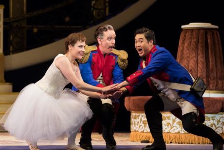 Andriana Chuchman (Marie), Kevin Burdette (Sulpice), and Andrew Stenson (Tonio). Photo by Scott Suchman.