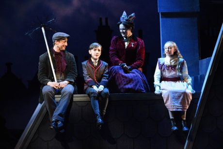 Rhett Guter (Bert), Henry Mason (Michael Banks), Patricia Hurley (Mary Poppins), and Audrey Kilgore (Jane Banks). Photo by Stan Barouh.