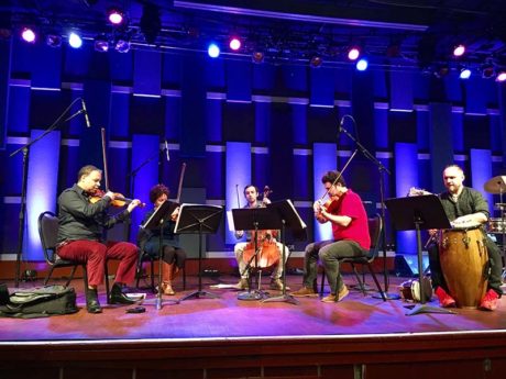 Ilmar Gavilán, Melissa White, Felix Umansky, Jaime Amador, Arturo Stable. (Photo taken at the sound check.) Photo by Brian Buttler.