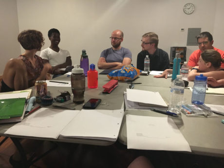 Leah Holleran, Gary Lee Mapp, Andrew Chupa, Jaried Kimberly, Anthony Cicamore, and Lesley Berkowitz at the first Read-Through. Photo by Kat Wilson.
