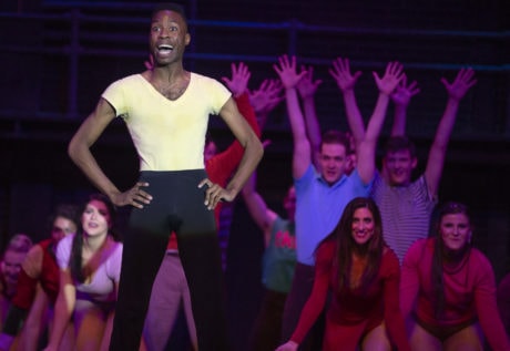 Anthony Cosby as Richie and the cast of A Chorus Line, now playing at Riverside Center for the Performing Arts. Photo by Mike Morones.